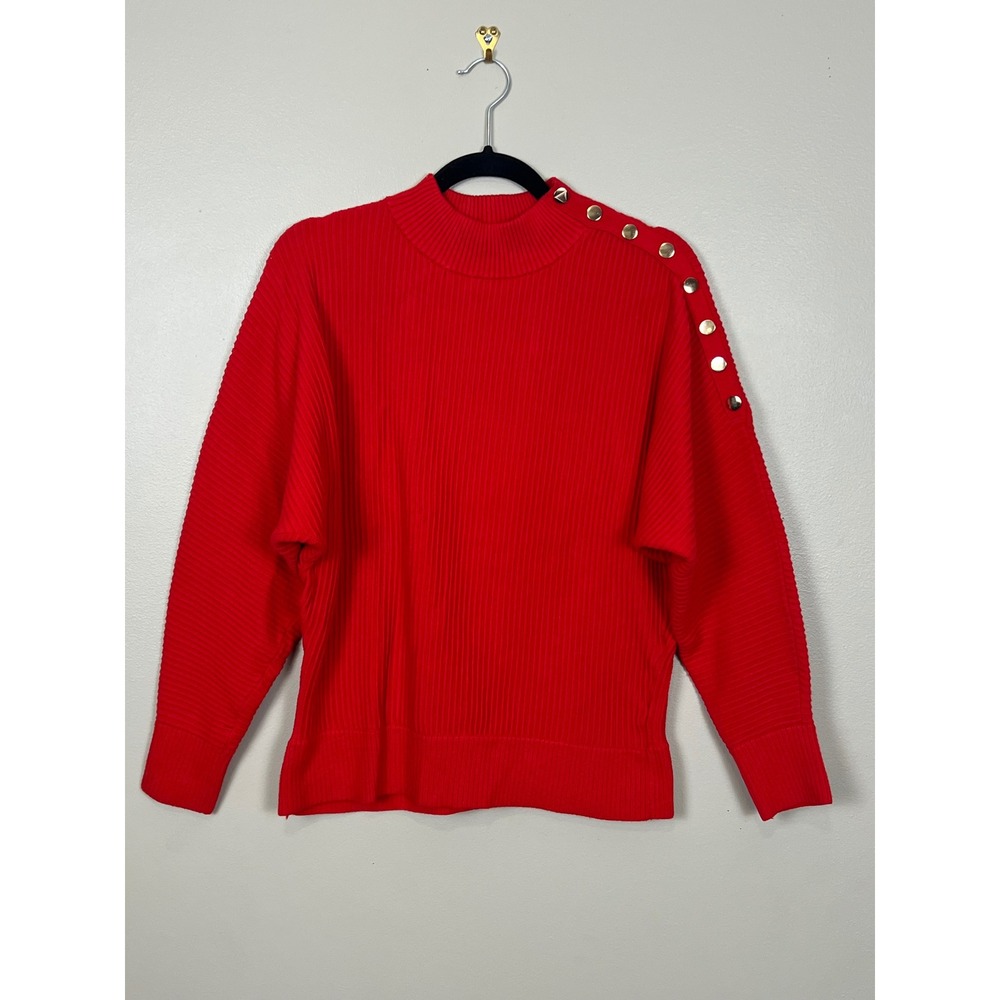 Tahari Red Ribbed Mock Neck Sweater Gold Shoulder Buttons Size Small